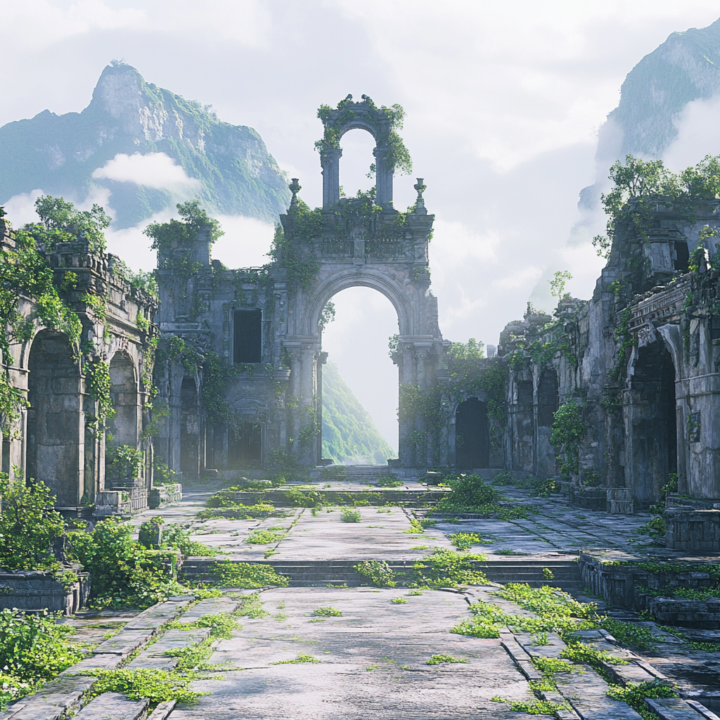 Abandoned castle with mix Italian-Chinese architecture, empty street. Fontanes.