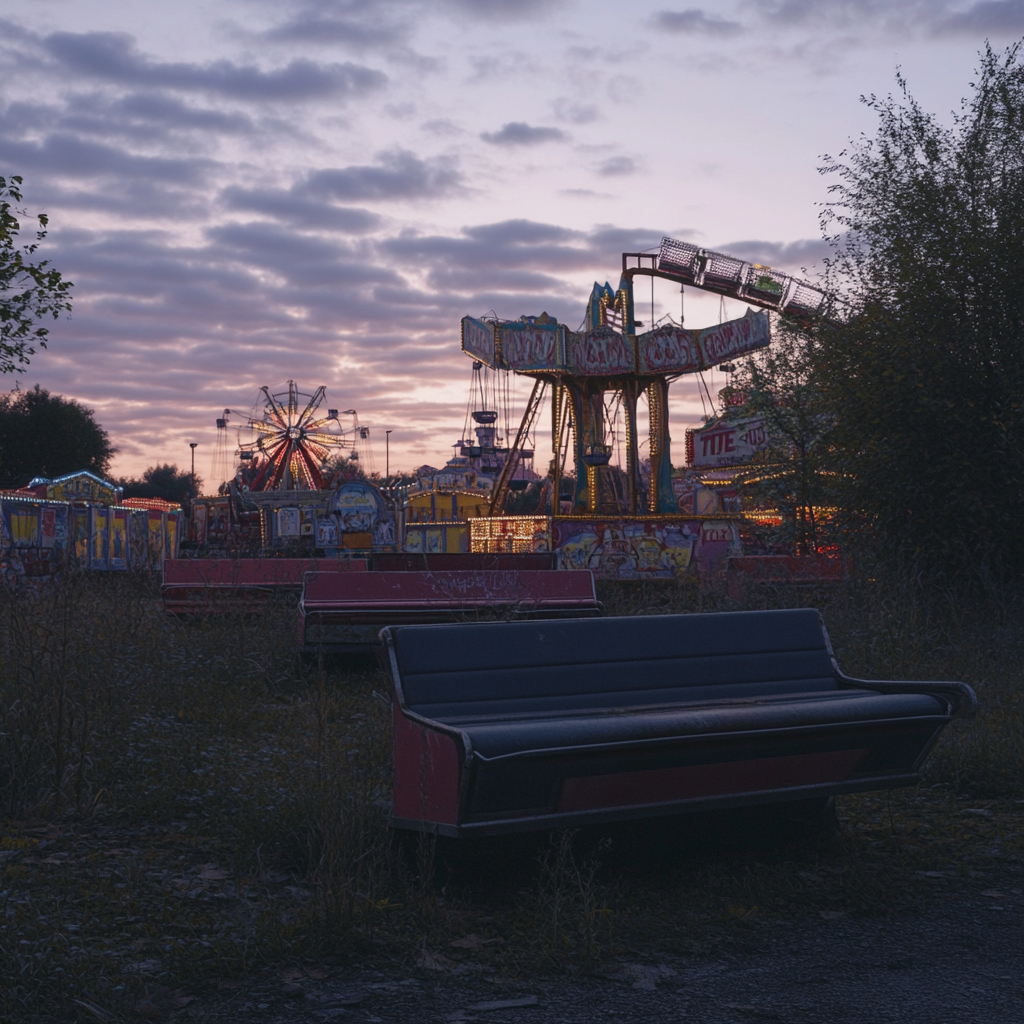 Abandoned fairground at dusk, rusting rides, long shadows