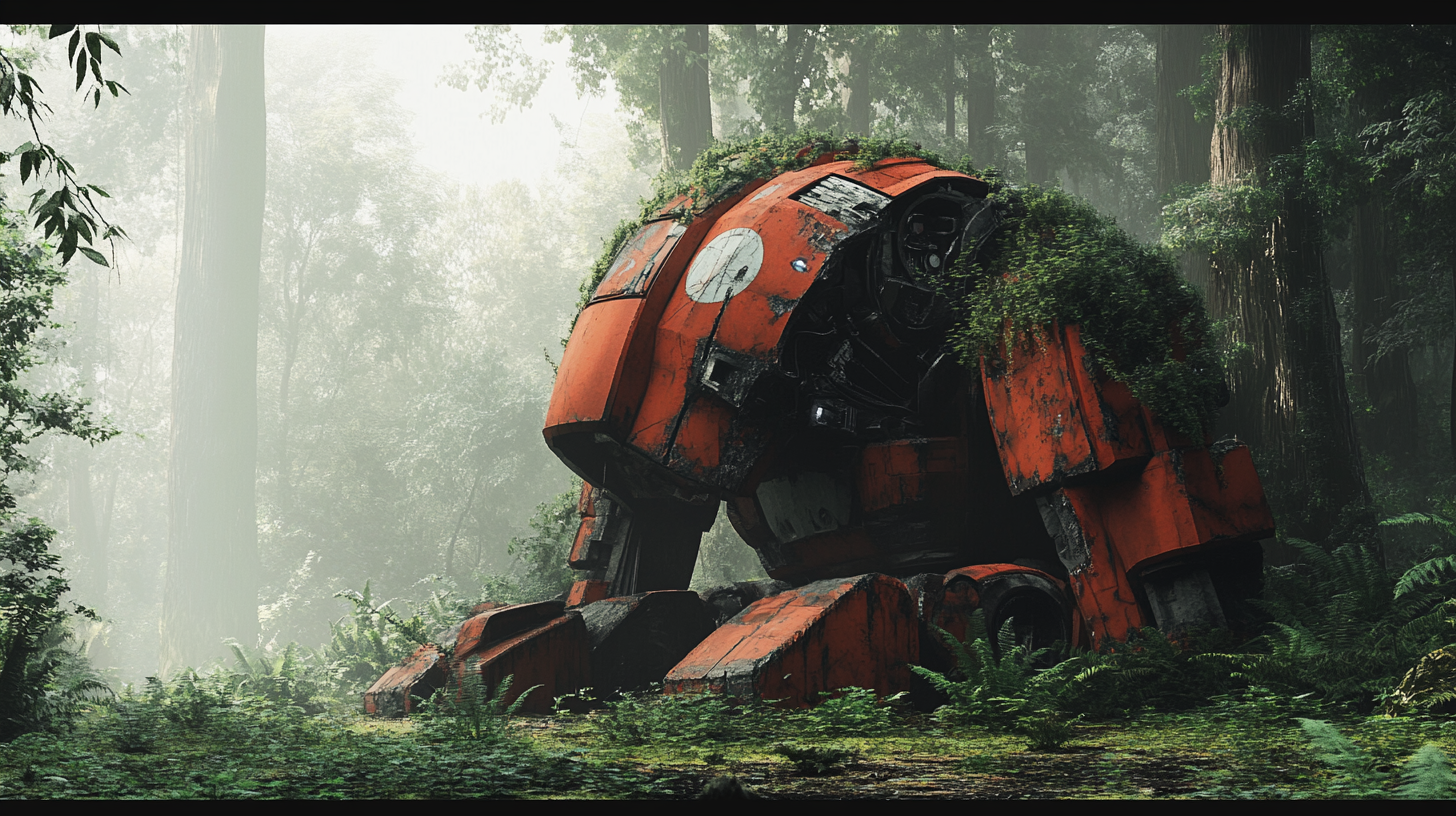 Abandoned giant robot in forest, quiet place, nature-covered.