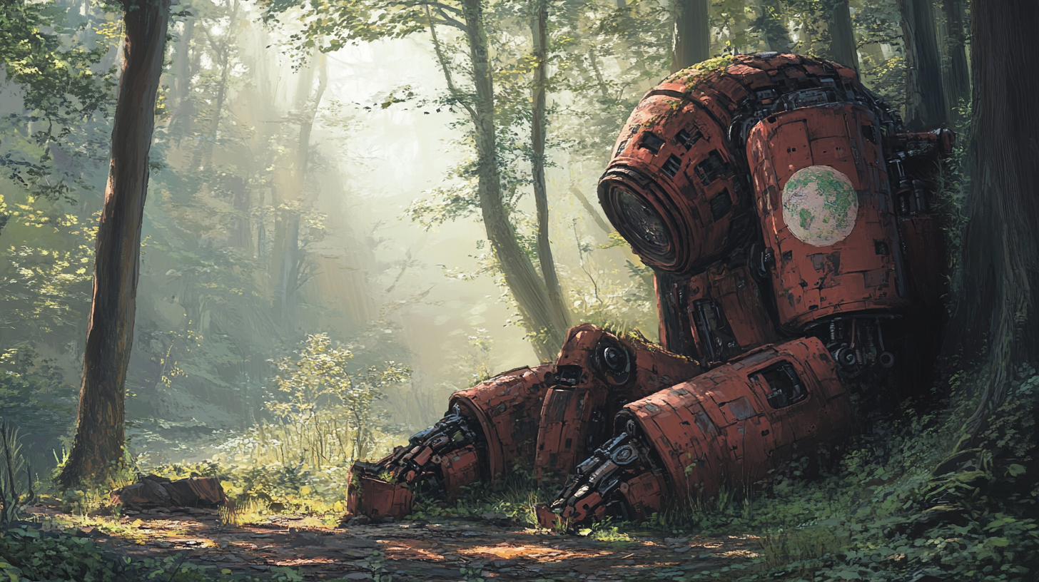 Abandoned giant robot in forest, surrounded by nature, peaceful.