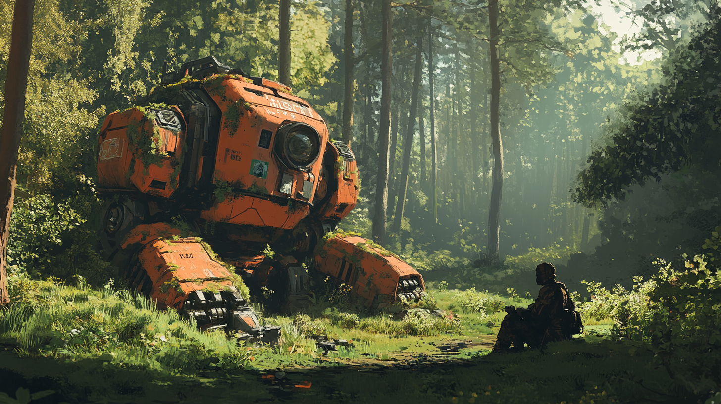 Abandoned giant robot in forest, transformer style, nature covered.