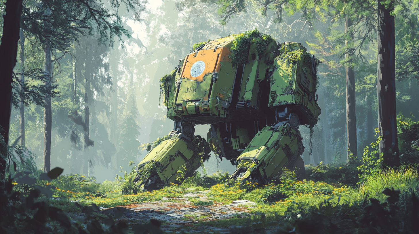 Abandoned giant robot in forest covered in nature.