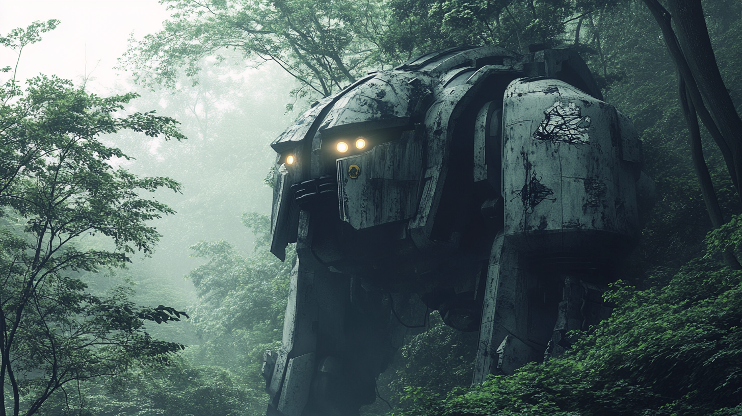 Abandoned giant robot in forest with illuminated eyes.