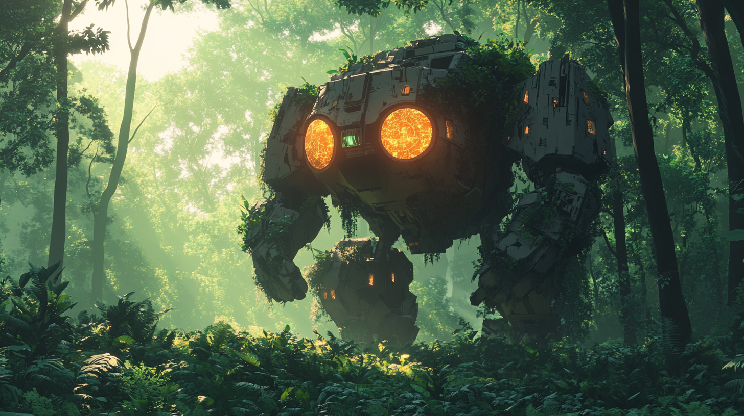 Abandoned giant robot in forest with nature covering.