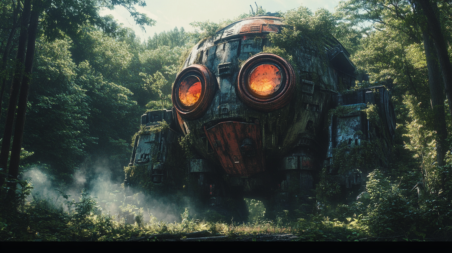 Abandoned giant robot with illuminated eyes in forest.