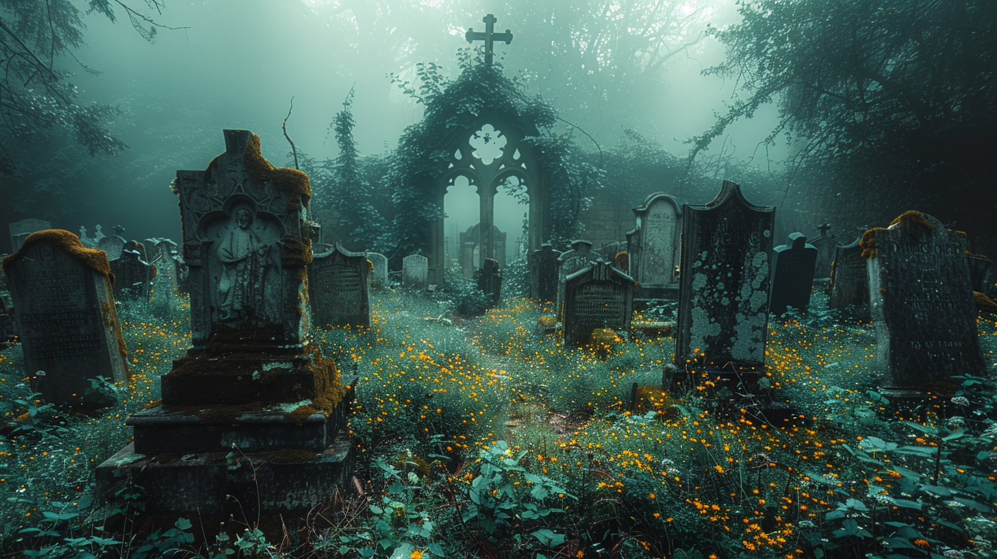 Abandoned graveyard in forest with old tombstones.