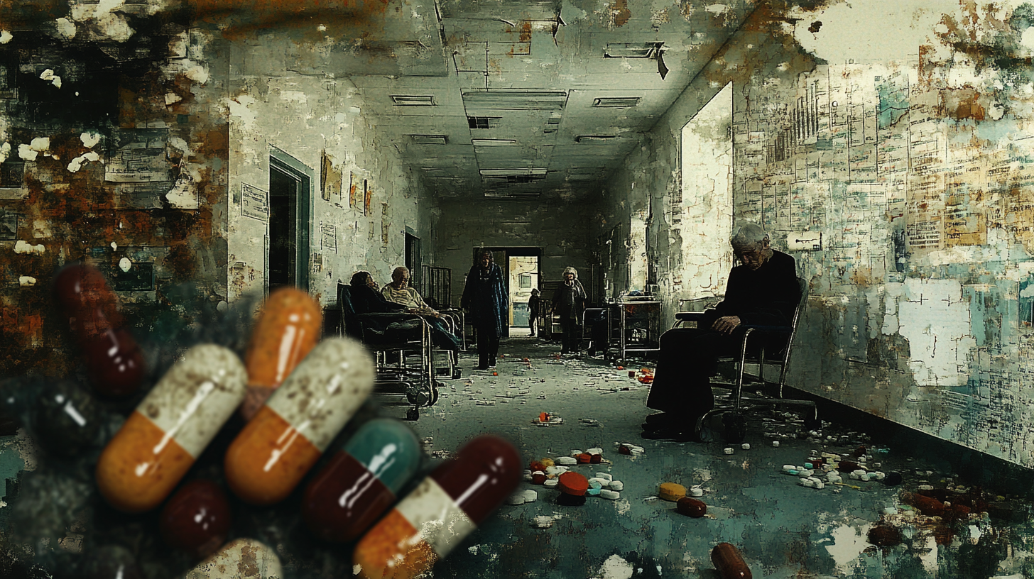 Abandoned hospital with pills, charts, and patients wandering