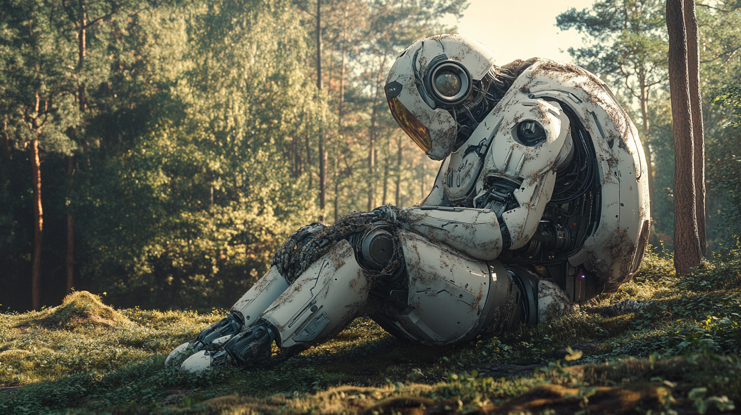 Abandoned humanoid robot in forest with nature covering it.