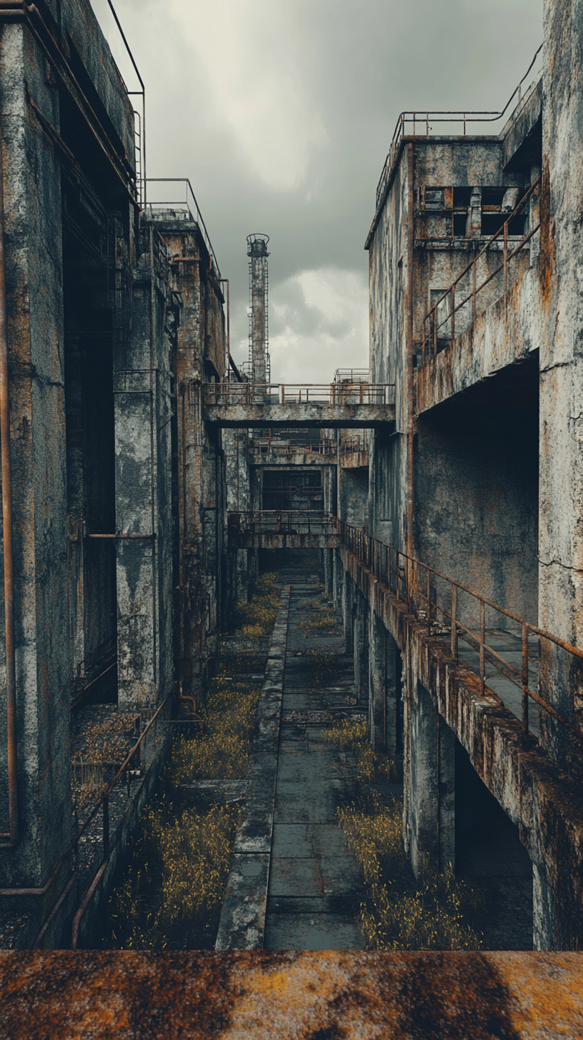 Abandoned industrial complex in dystopian setting with rusted metal.