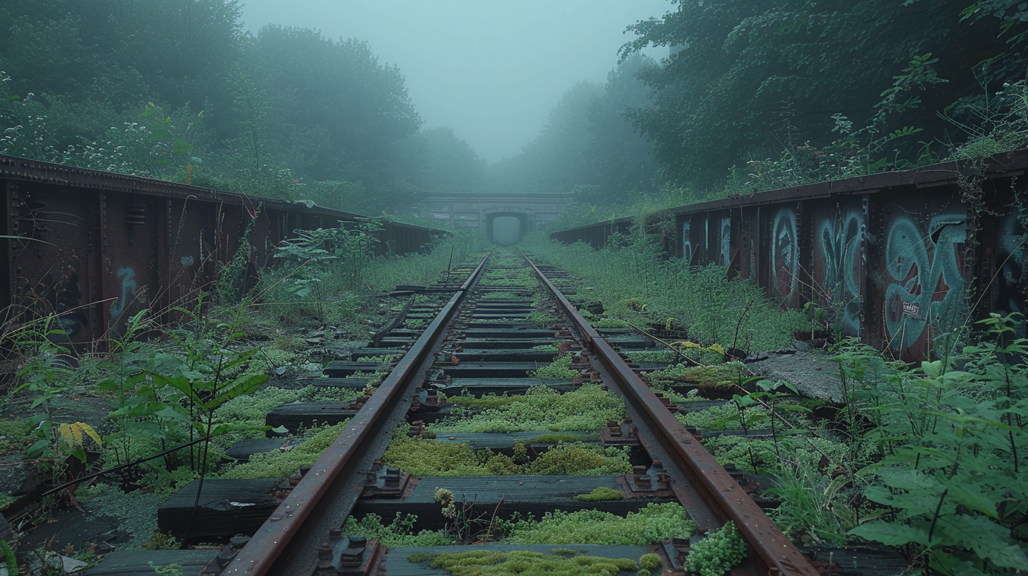 Abandoned industrial district with old train tracks, graffiti.