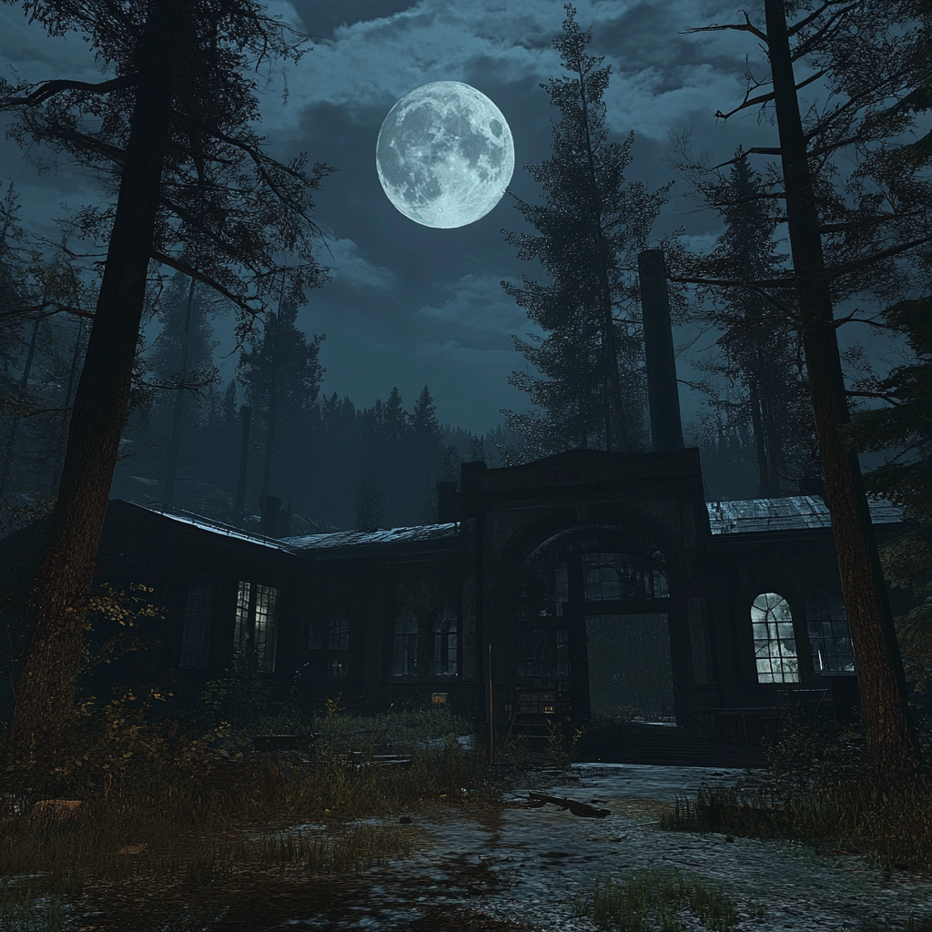 Abandoned laboratory in dark woods, eerie moonlight. 