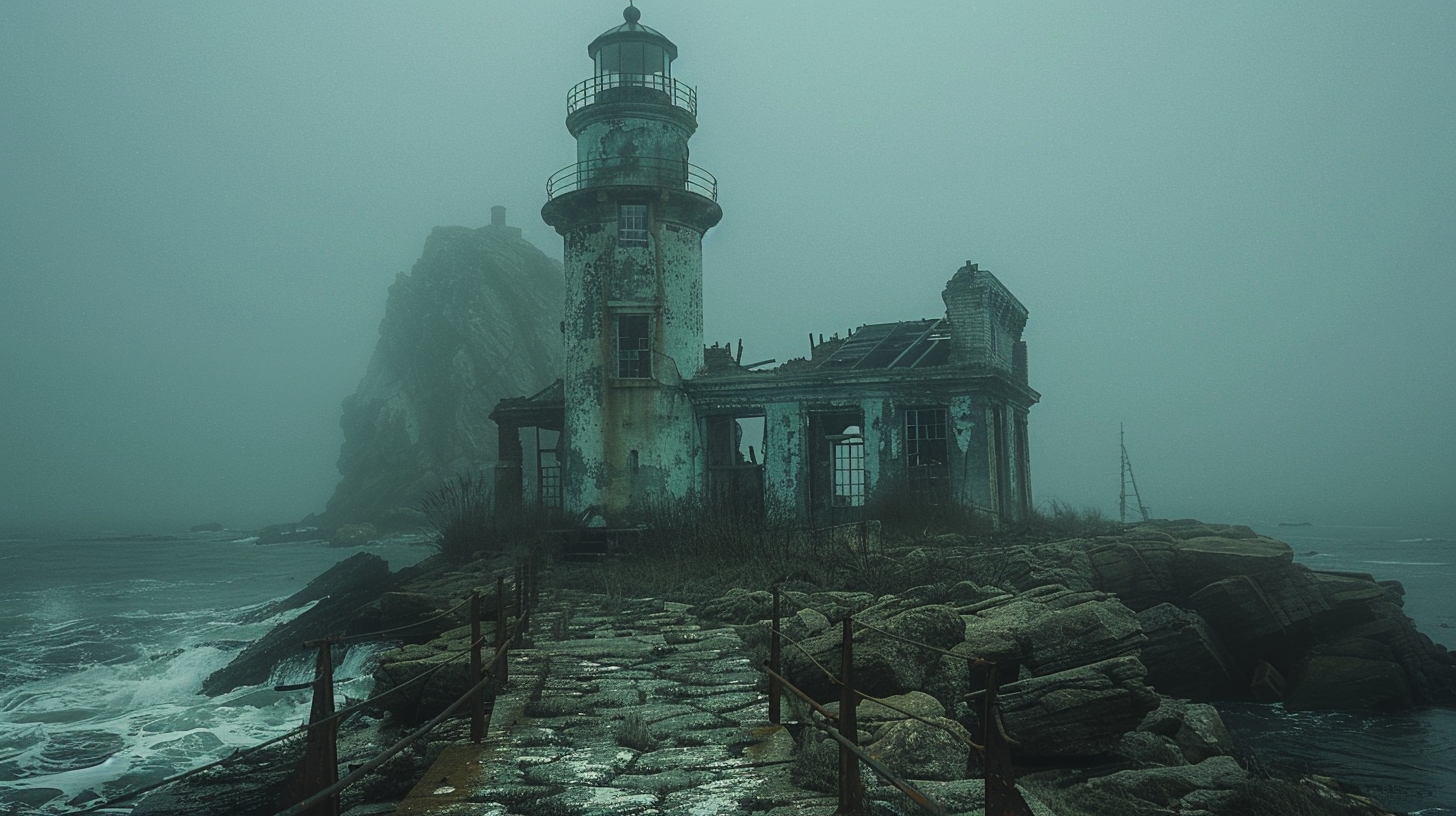 Abandoned lighthouse on rocky shore, crumbling tower, broken windows.