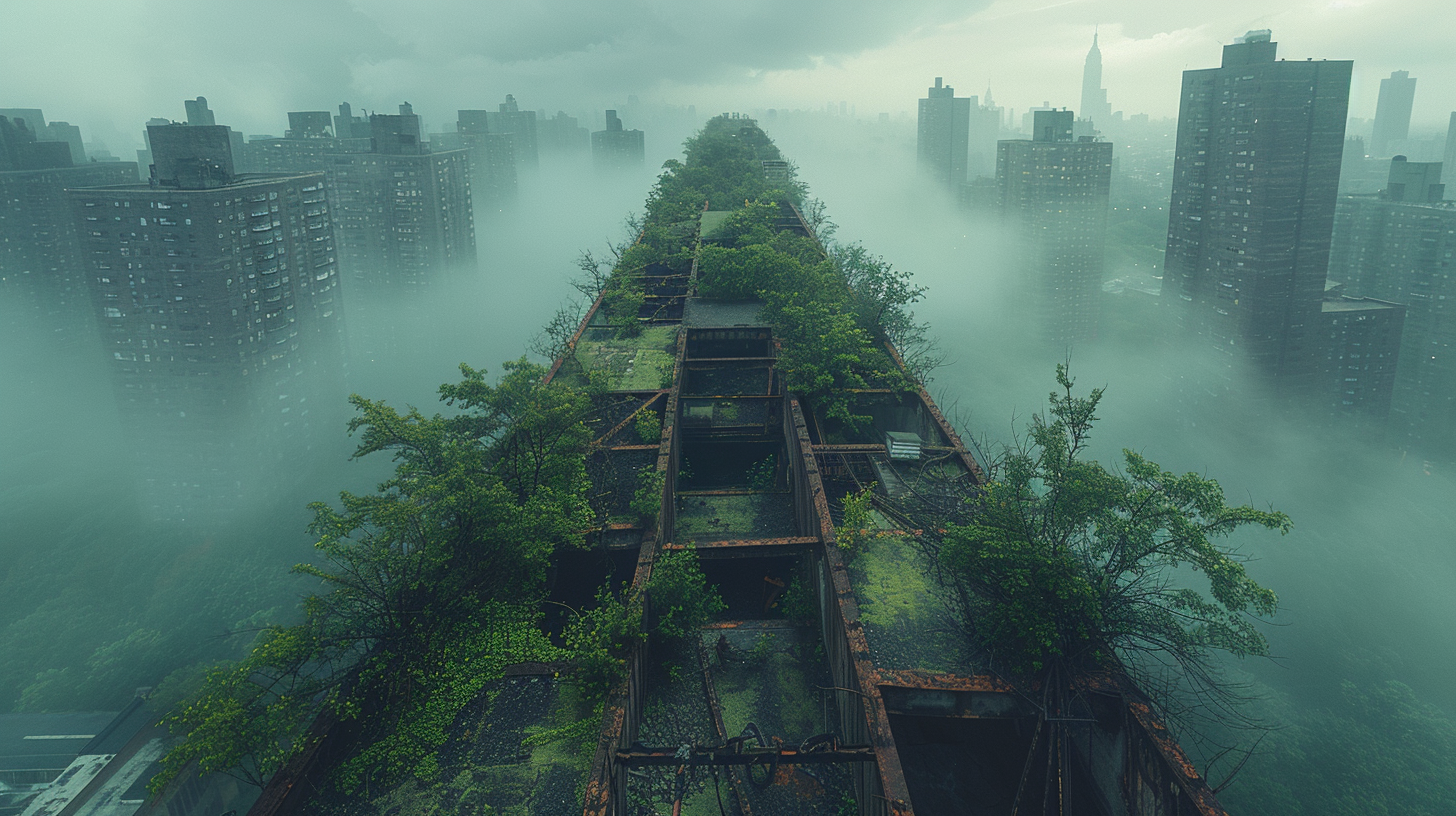 Abandoned skyscraper rooftop garden with overgrown wild vegetation.