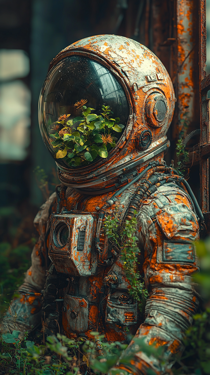 Abandoned space ship with plant inside helmet.