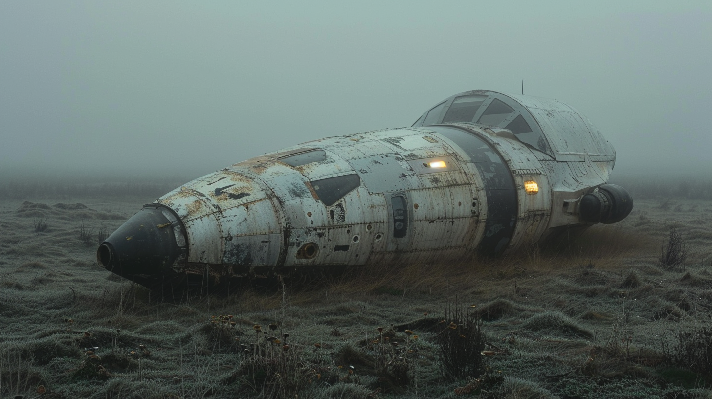 Abandoned spaceship in foggy field with distant lights.