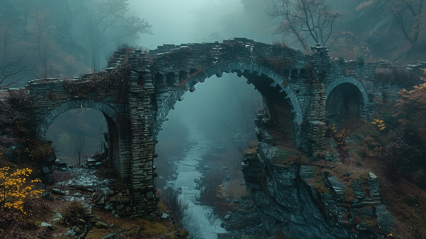 Abandoned stone bridge in mountains covered in moss.