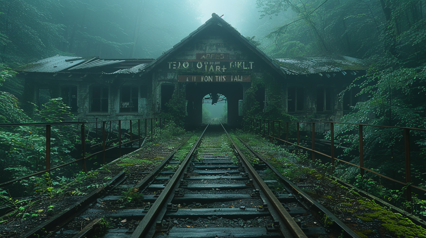 Abandoned train station in woods, nature reclaiming structure.