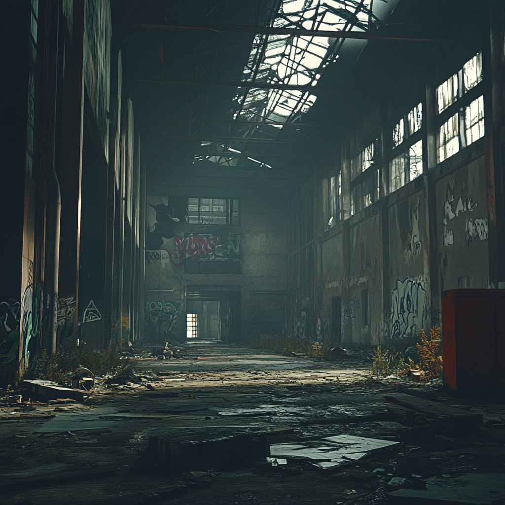 Abandoned warehouse with crumbling walls and broken windows.