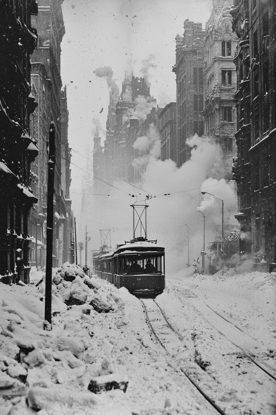 Abandoned winter street with ruined trams, snow, futuristic.