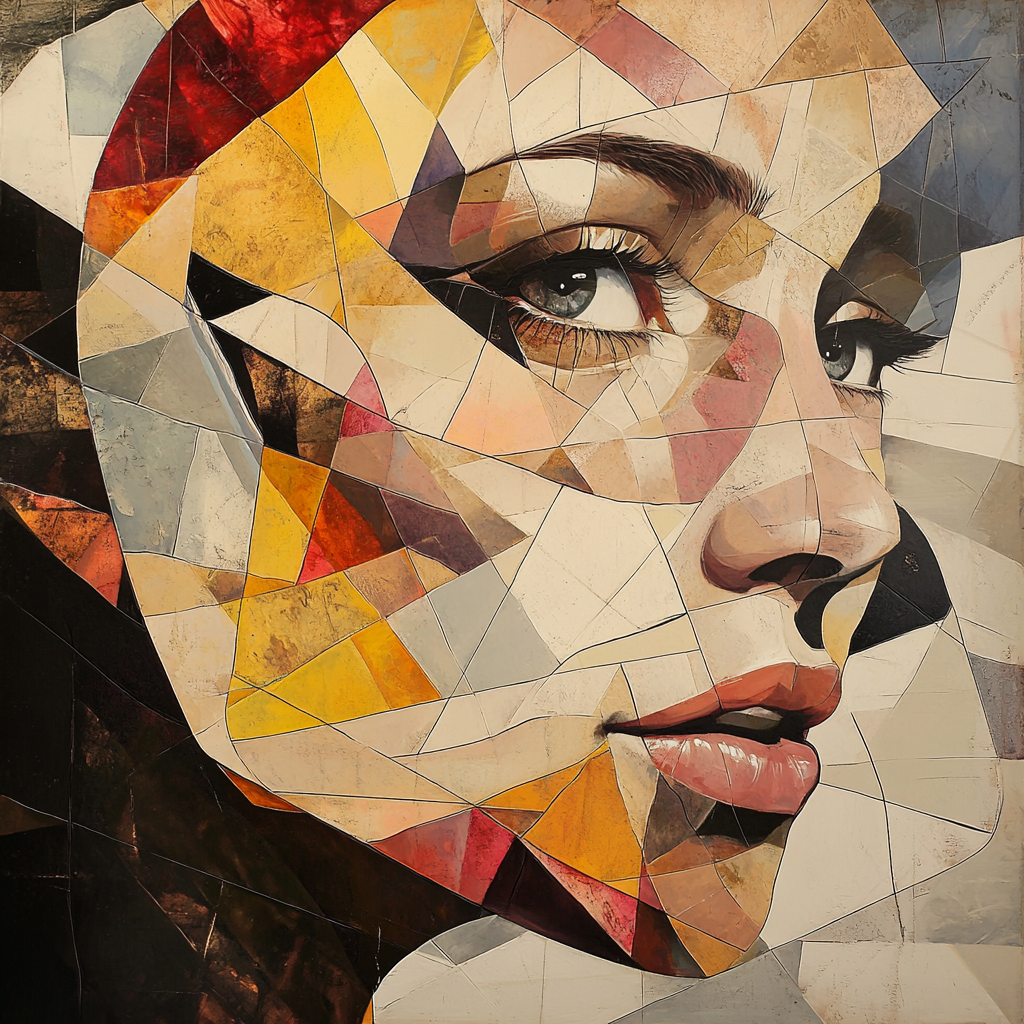 Abstract, fragmented portrait of woman's face with angular shapes.