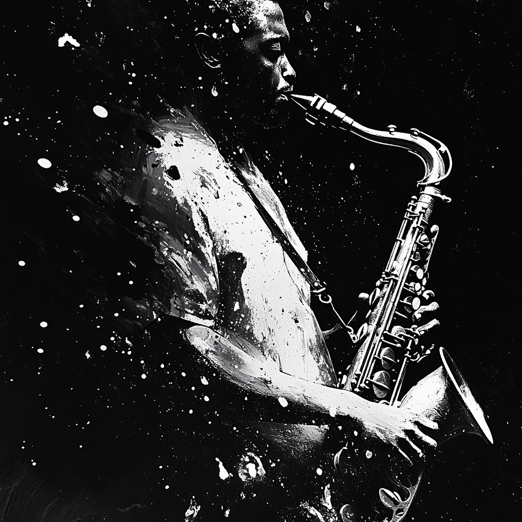 Abstract African saxophone player in detailed paint splatter