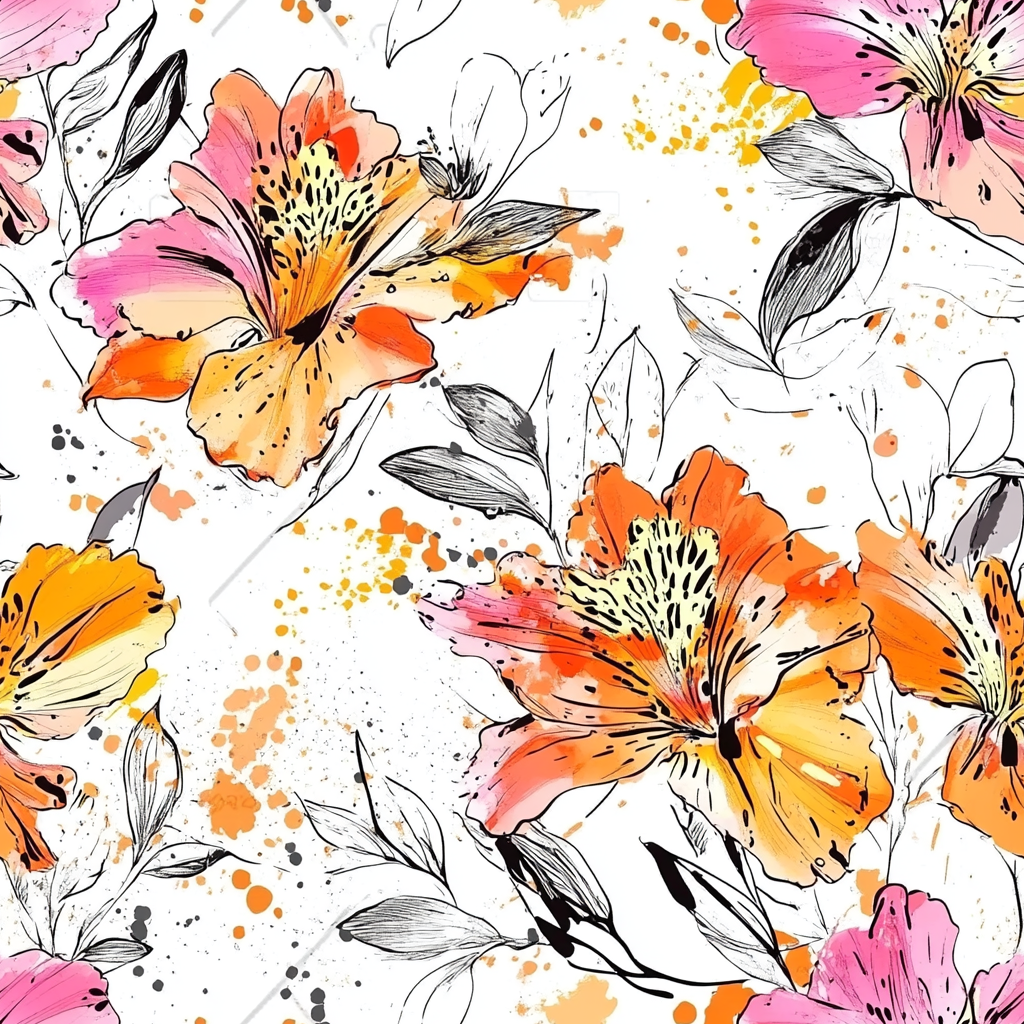 Abstract Alstroemeria Pattern with Golden Paint Splashes