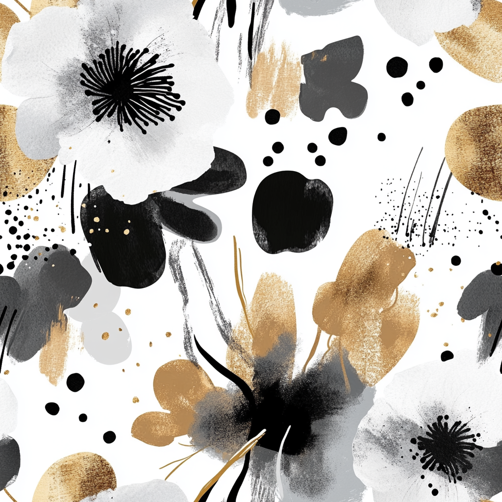 Abstract Boho Flowers Pattern with Gold Splashes