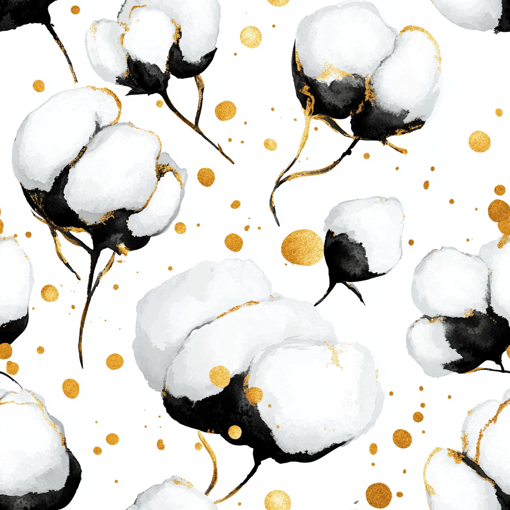 Abstract Cotton Flower Pattern with Golden Splashes