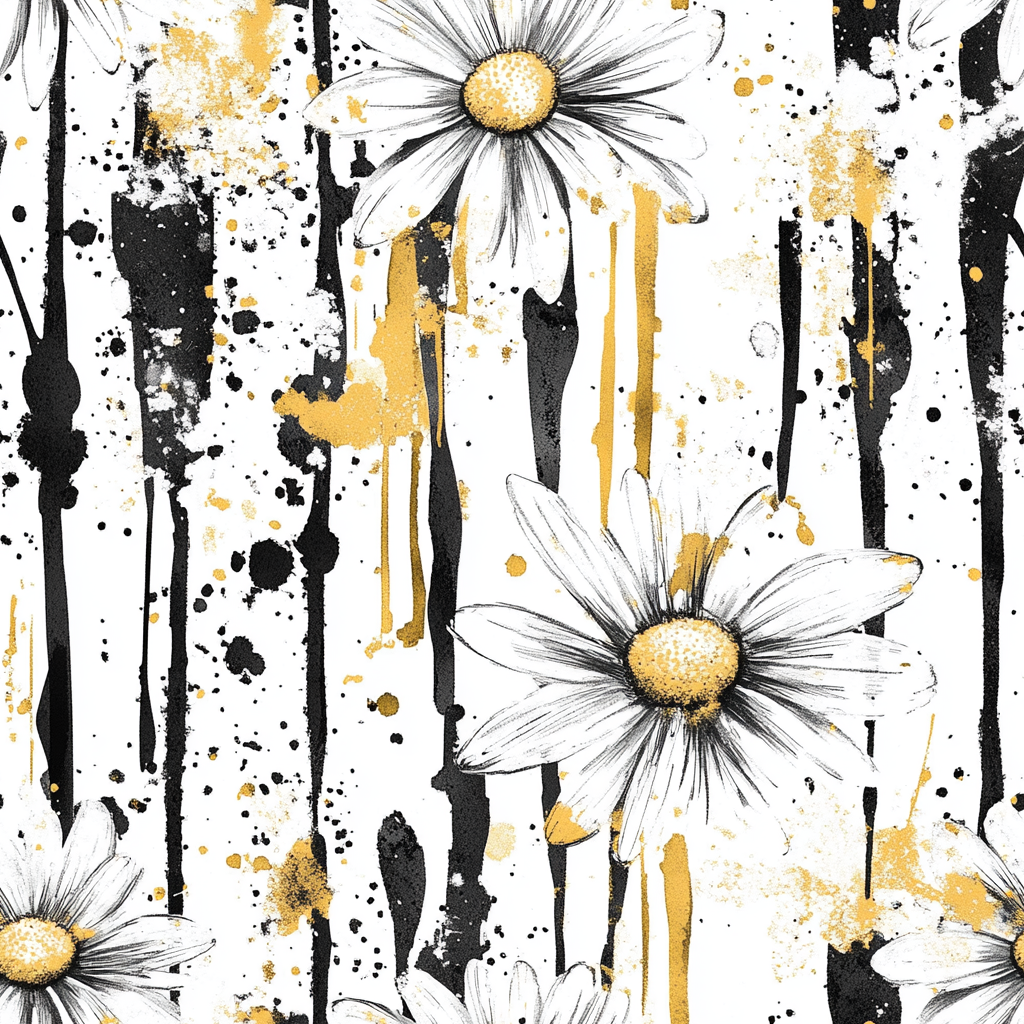 Abstract Daisy Pattern with Gold Splashes