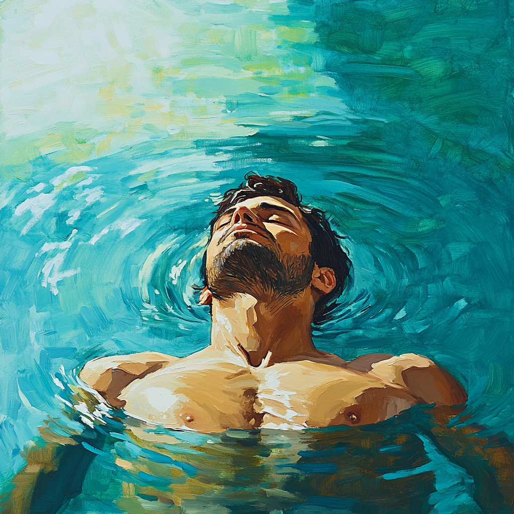 Abstract French Style Painting of Middle-Aged Man in Water