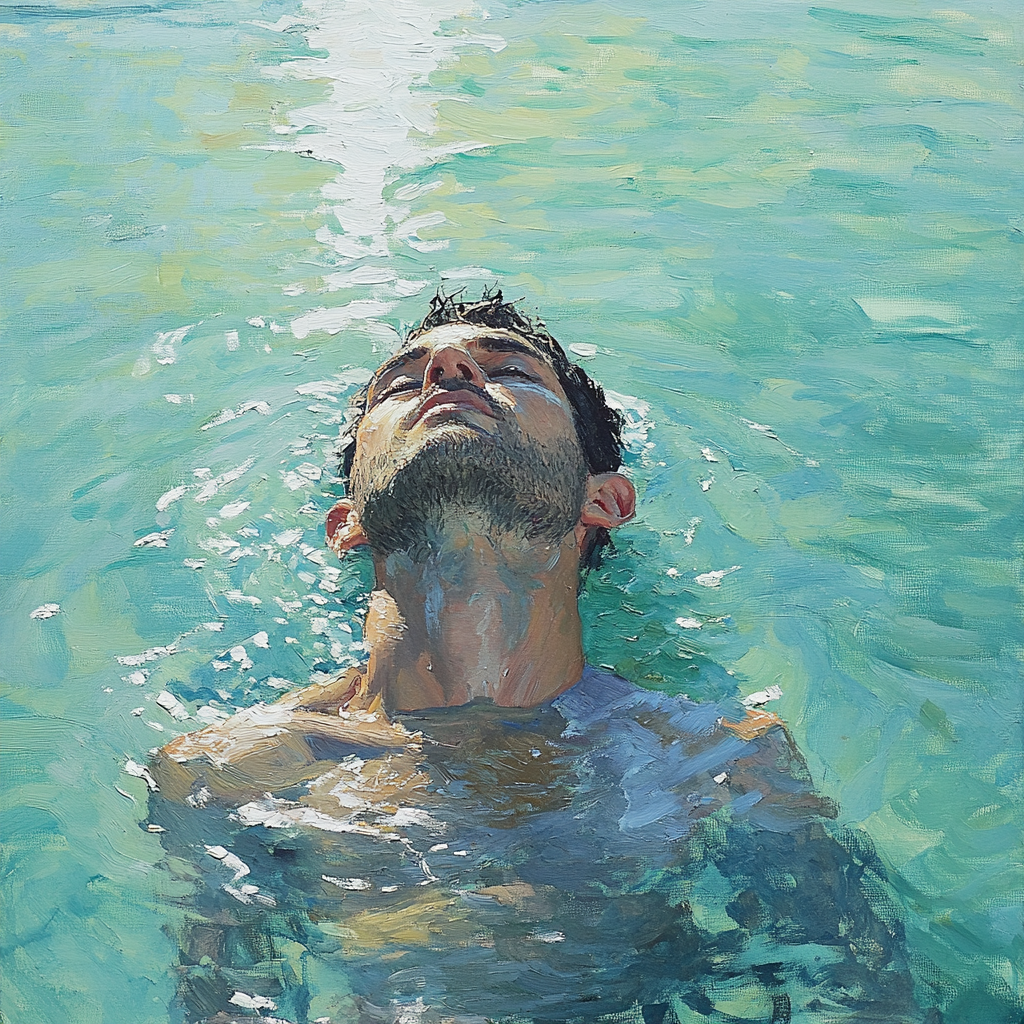 Abstract French Style Painting: Middle-Aged Man in Water