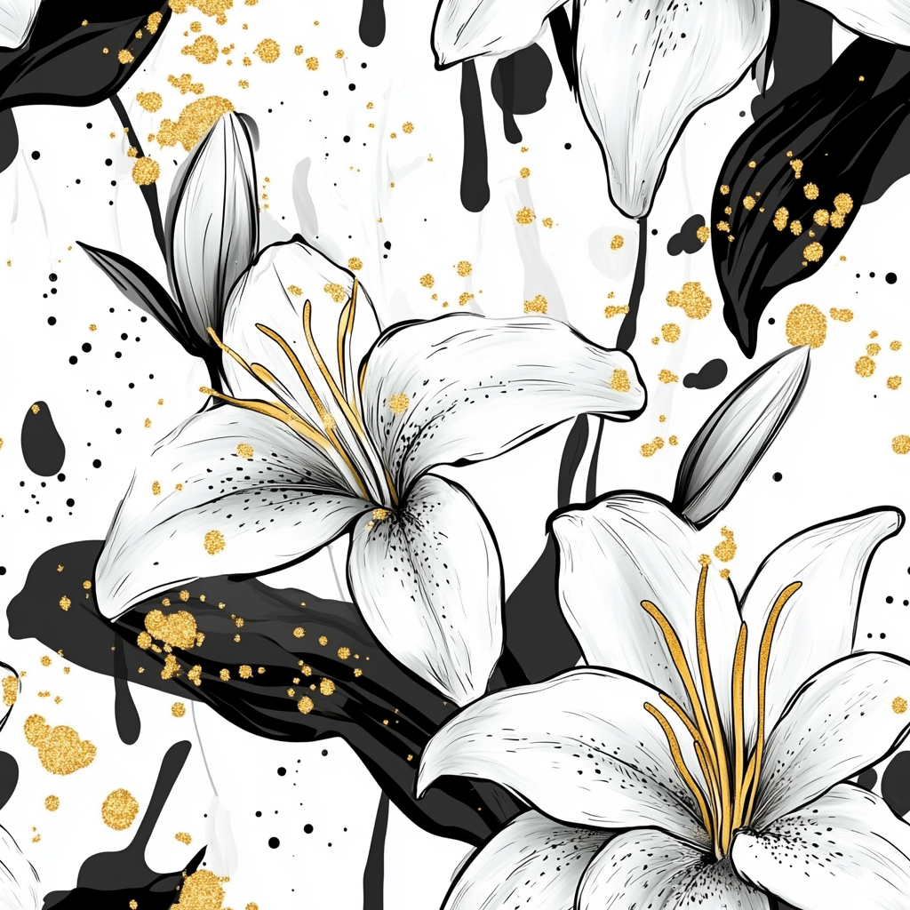 Abstract Lilies Pattern with Gold Splashes