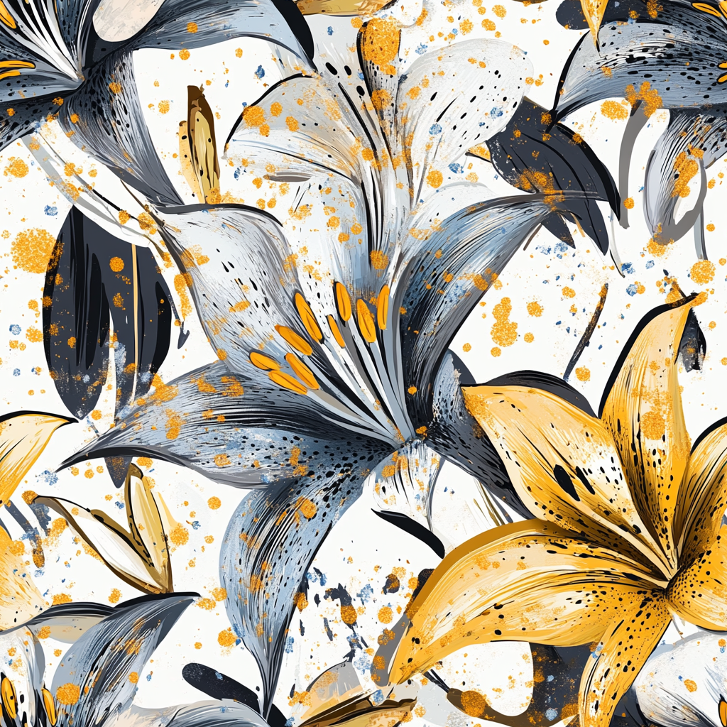 Abstract Lily Pattern with Golden Paint Splashes