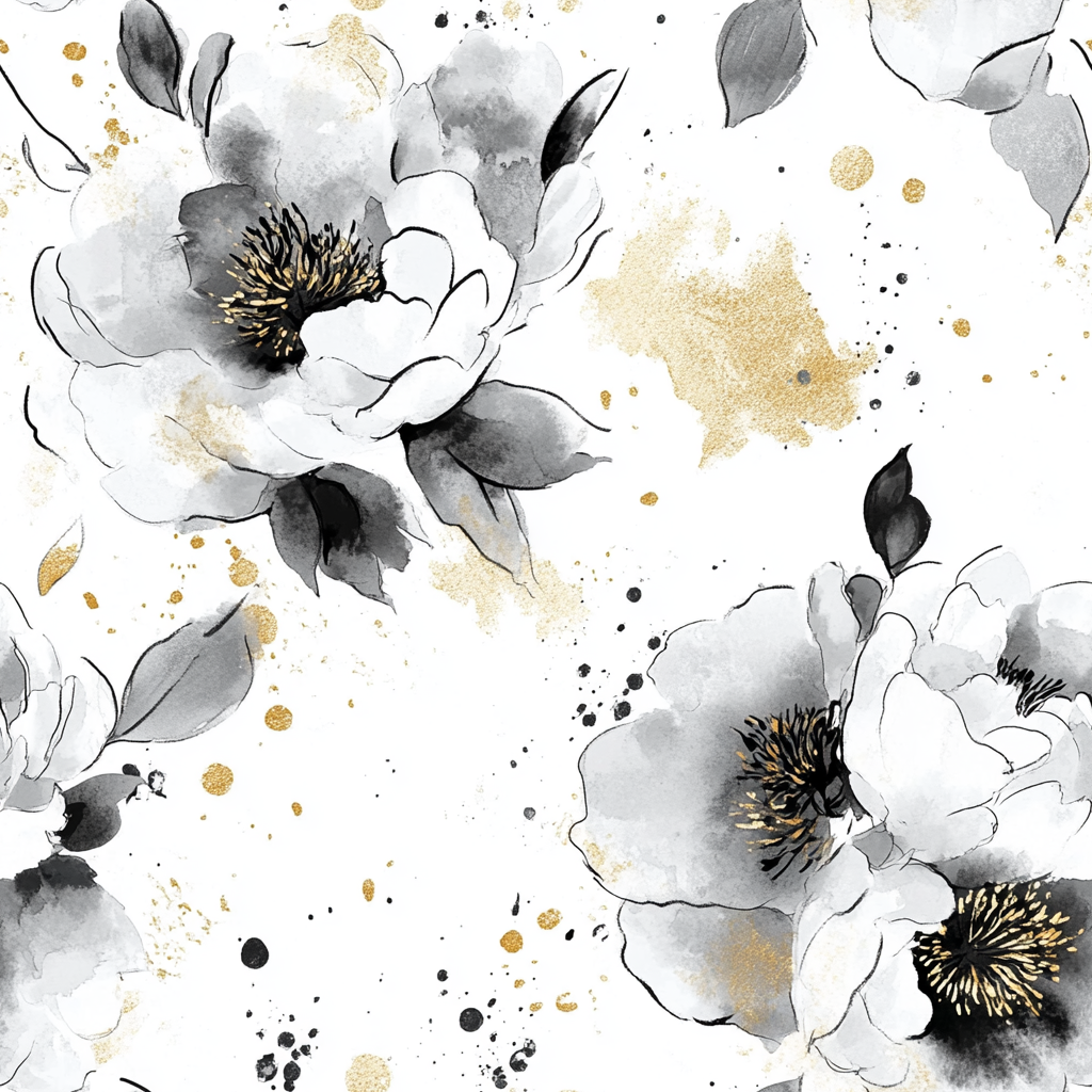 Abstract Peonies Pattern with Gold Splashes