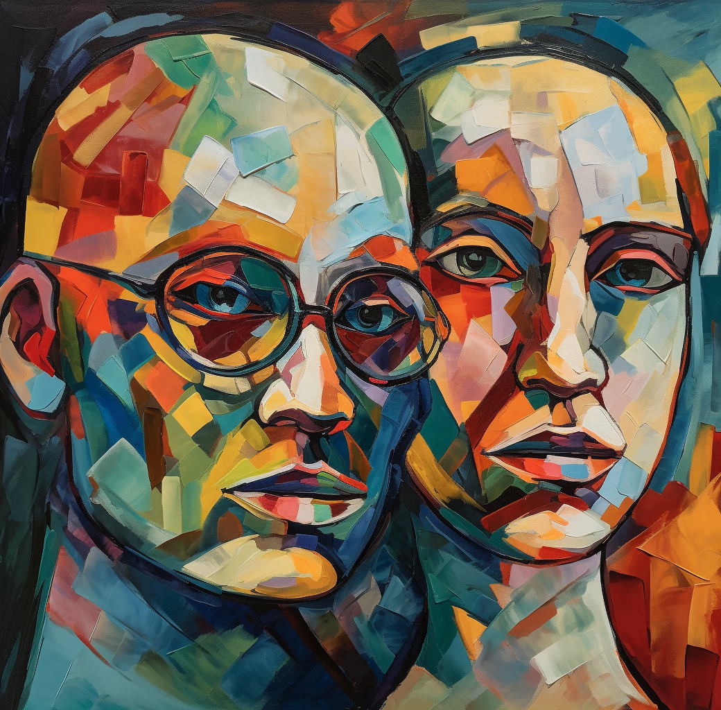 Abstract Picasso-style oil painting of male & female faces.