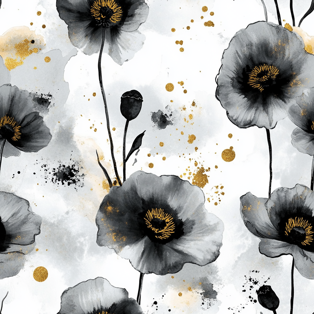 Abstract Poppies Pattern with Golden Splashes