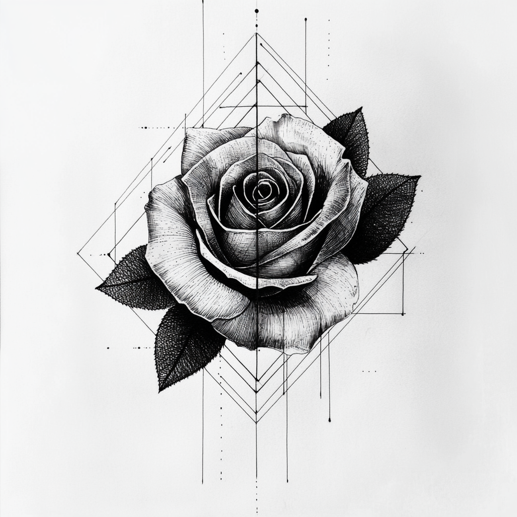 Abstract Rose Tattoo Drawing with Geometric Shapes