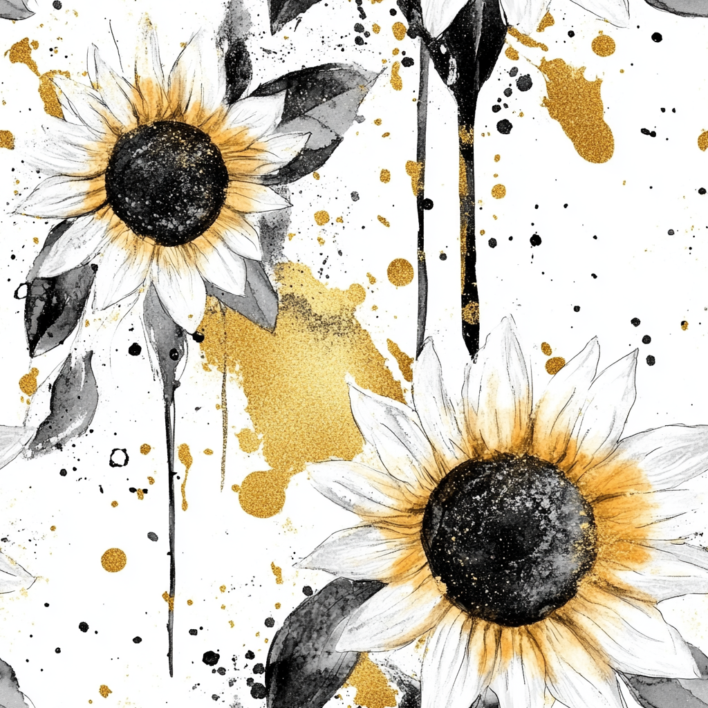 Abstract Sunflower Pattern with Gold Splashes