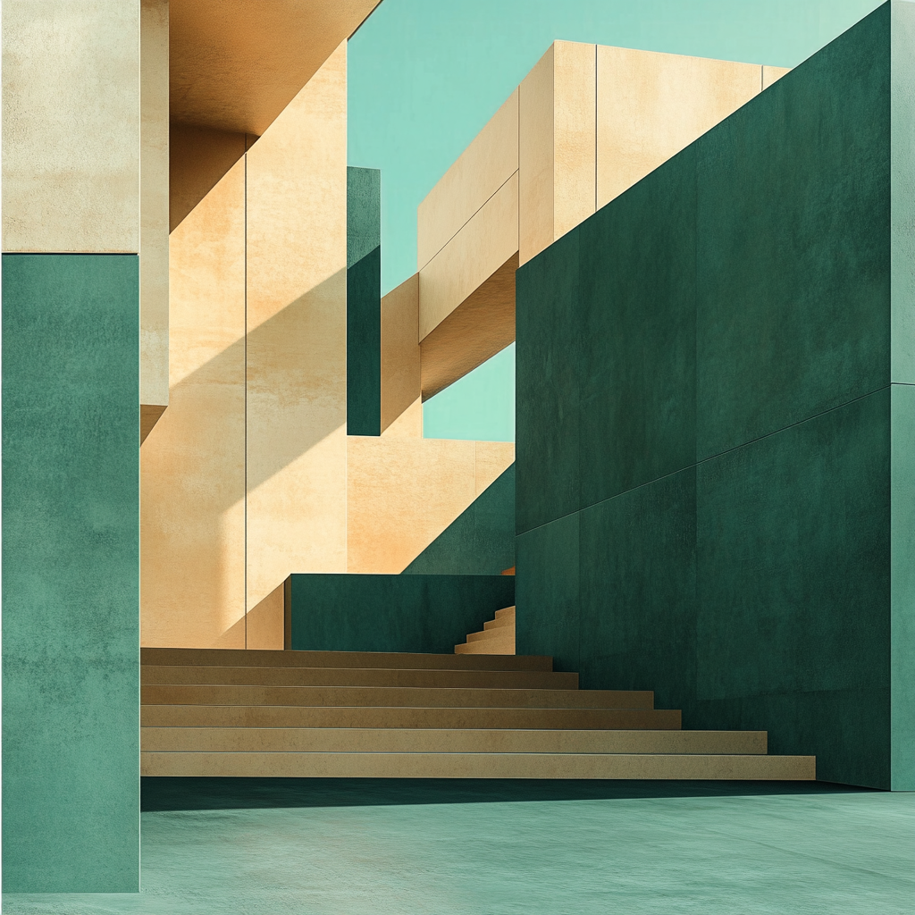 Abstract architectural design with warm ochre, teal, and beige.