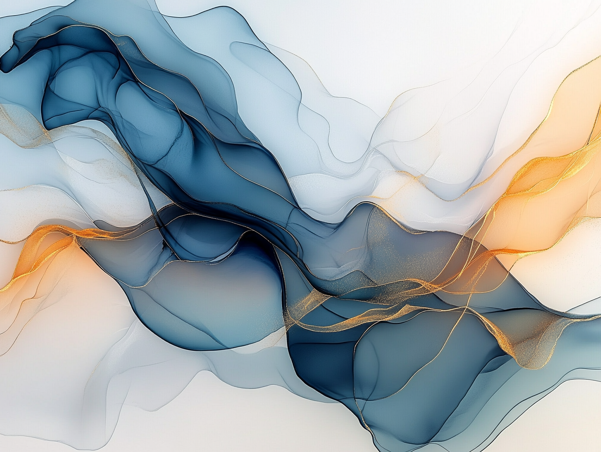 Abstract art with flowing lines in blue, gold, white