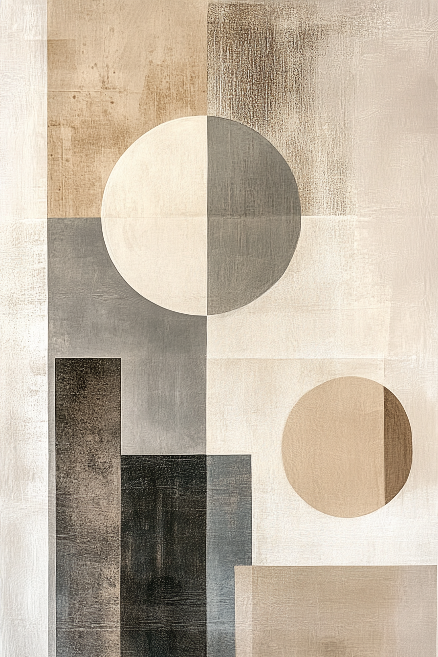 Abstract art with rectangles, circles in soft neutrals.