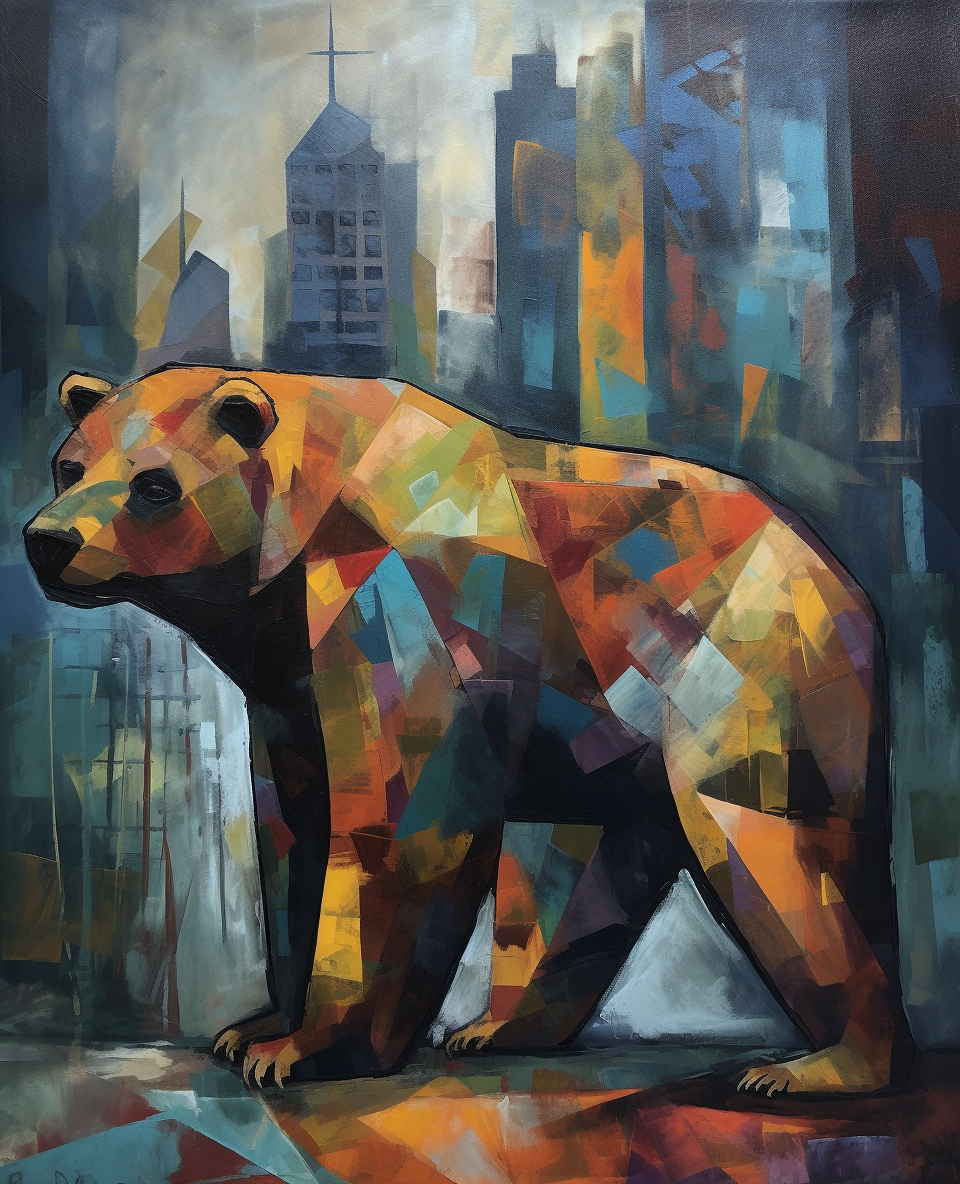 Abstract bear standing, city background, oil paint on canvas.