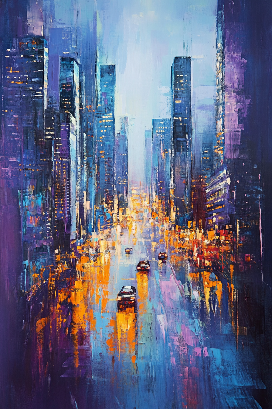 Abstract canvas of bustling cityscape at dusk. Energy, elegance.