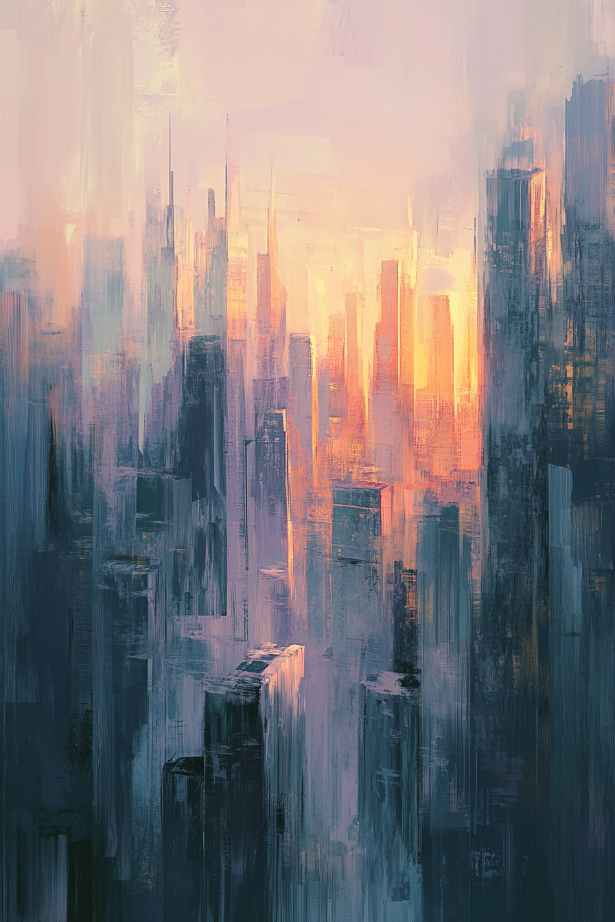 Abstract city skyline at sunrise with warm tones.