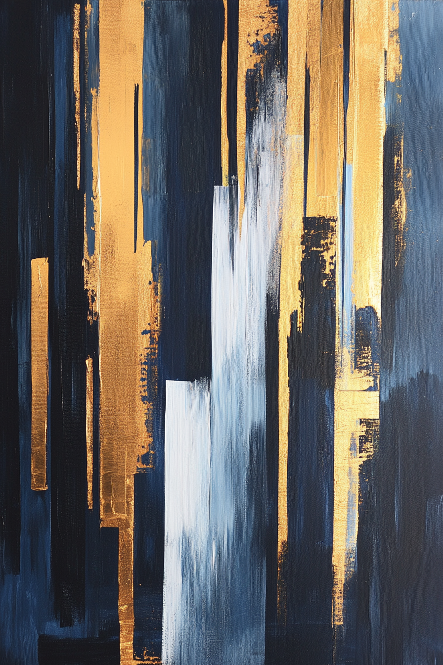 Abstract cityscape in navy, charcoal, gold: bold, sophisticated, elegant.