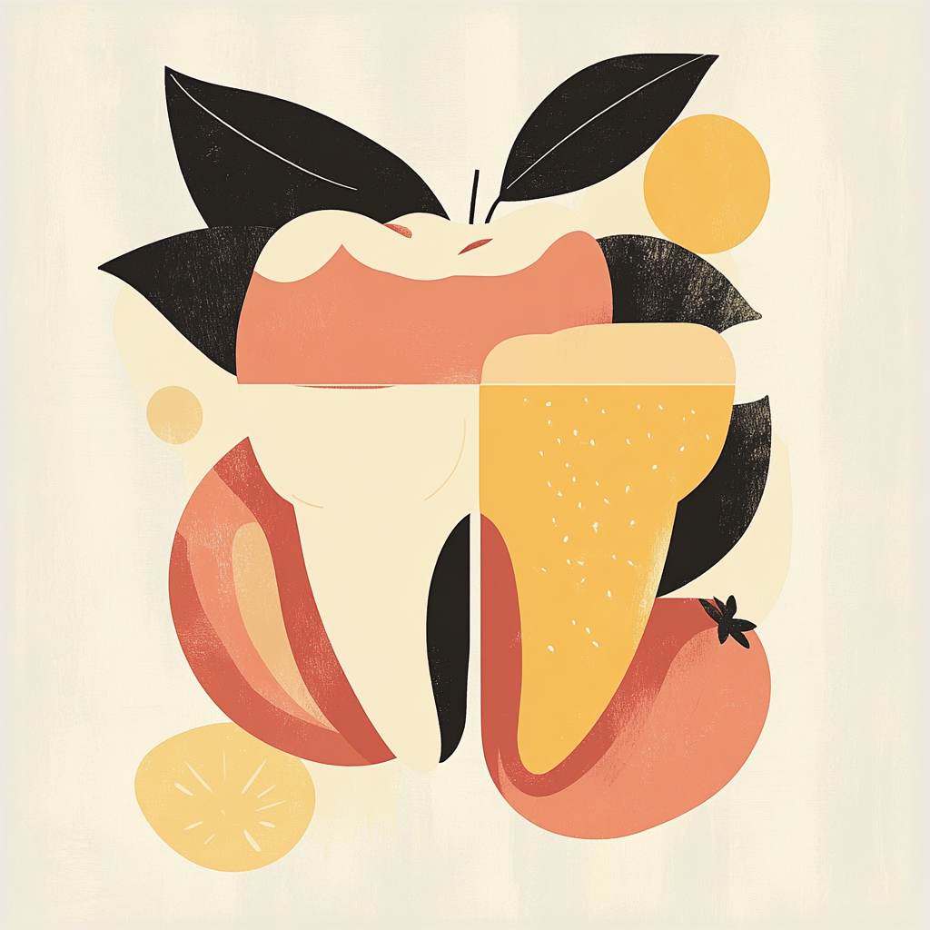 Abstract dental fruit and vegetable art, mid-century modern style.