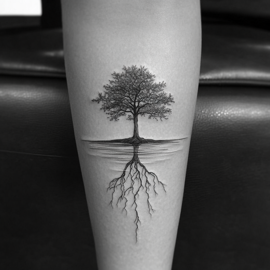 Abstract fine line tattoo of flourishing tree with roots.