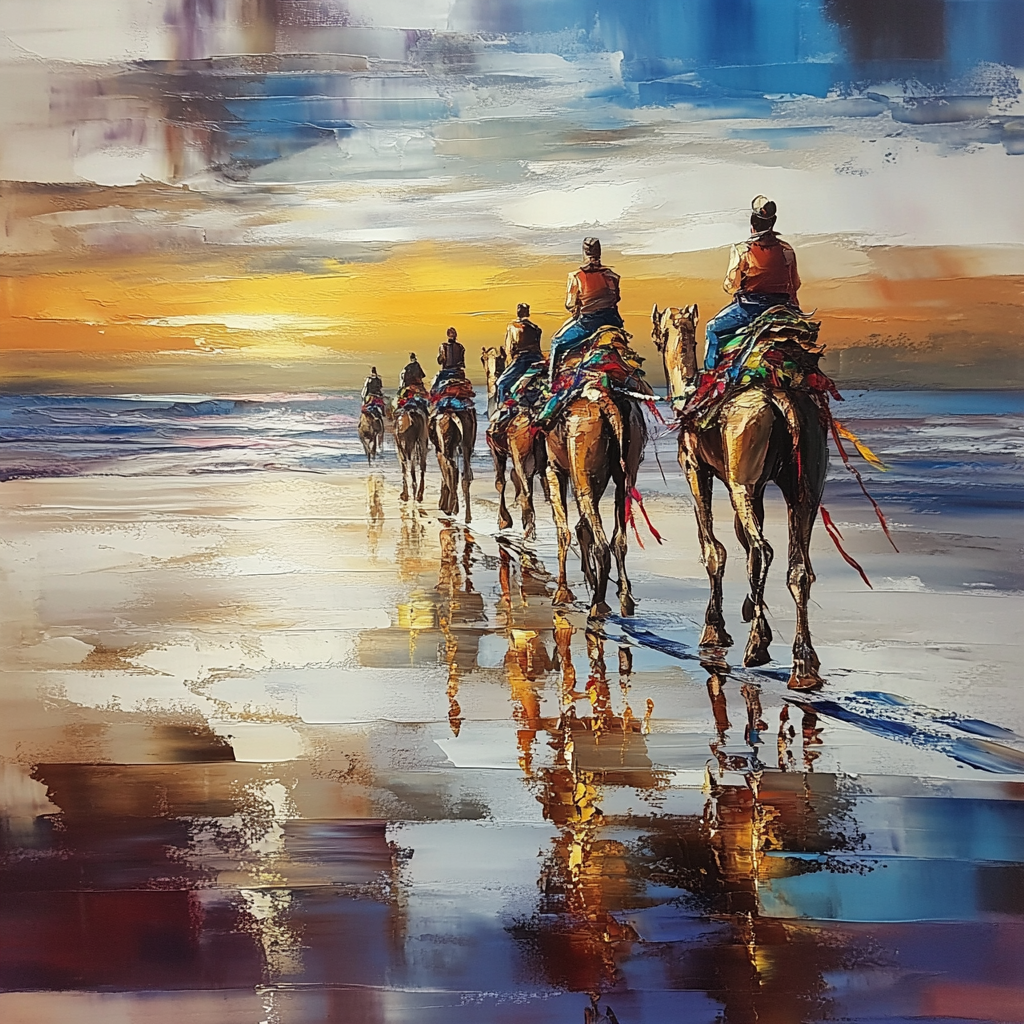 Abstract modern fragmented oil painting of camels walking on beach.