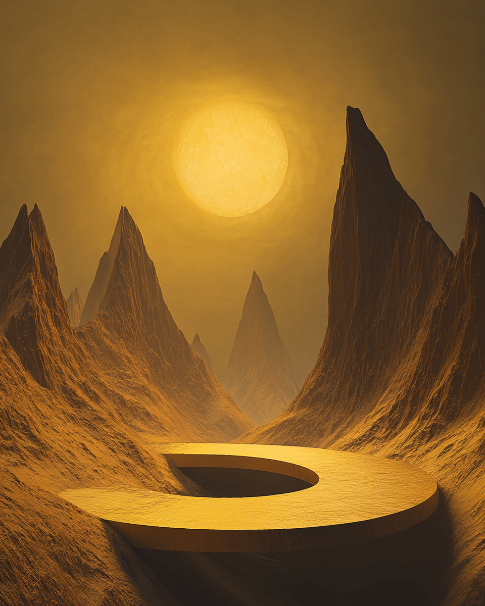 Abstract mountains in yellow and gold with moonlight, oval platform.