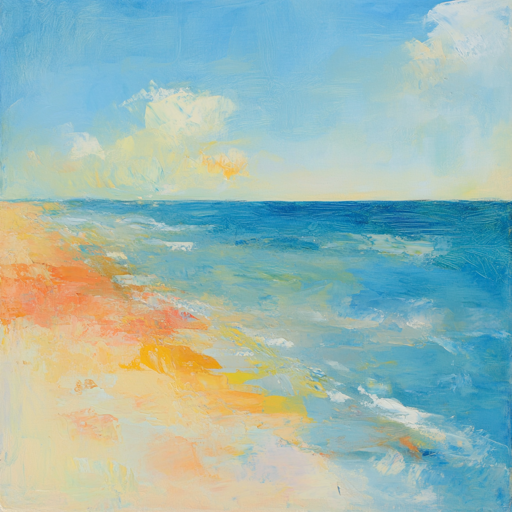 Abstract oil painting with warm, uplifting colors. Sky, coral, seashell, morning, blues, turquoise, azure.